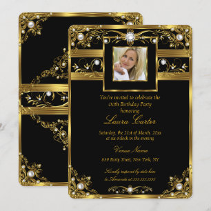 Elegante Schwarz Weiß Gold Perle Foto Geburtstag 2 Einladung