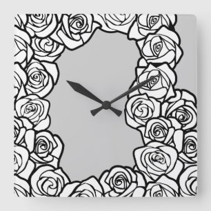Elegante Schwarz Weiß Graue Rosen Florales Muster Quadratische Wanduhr