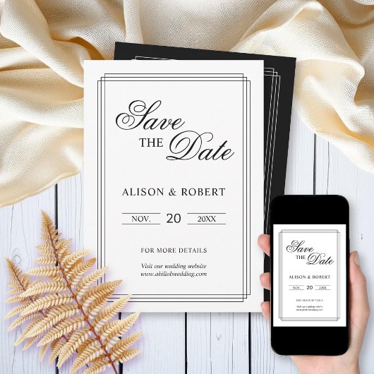 Elegante Schwarz-Weiß-Grenze Altes Geld Hochzeit Save The Date