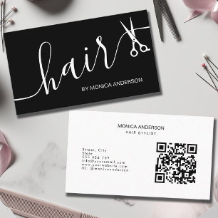 Elegante Schwarz Weiß Haar Script Schere QR Code Visitenkarte