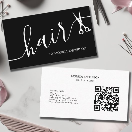 Elegante Schwarz Weiß Haar Script Schere QR Code Visitenkarte