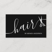 Elegante Schwarz Weiß Haar Script Schere QR Code Visitenkarte (Vorderseite)