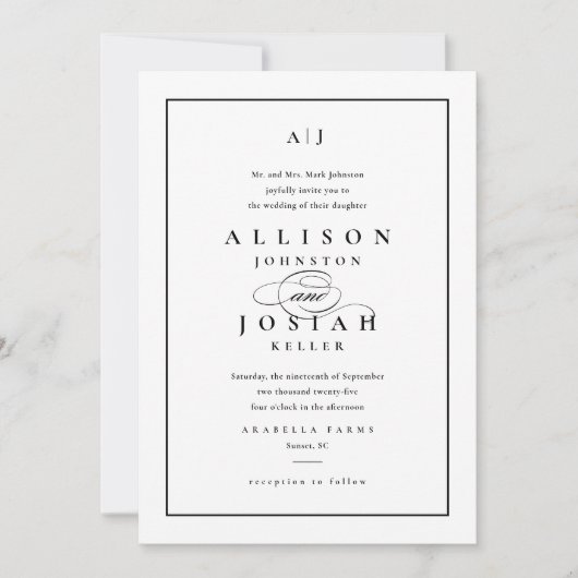 Elegante Schwarz-Weiß-Hochzeit Einladung (Vorderseite)