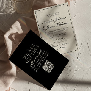 Elegante Schwarz-Weiß-Hochzeit mit QR-Code im Stil Einladung