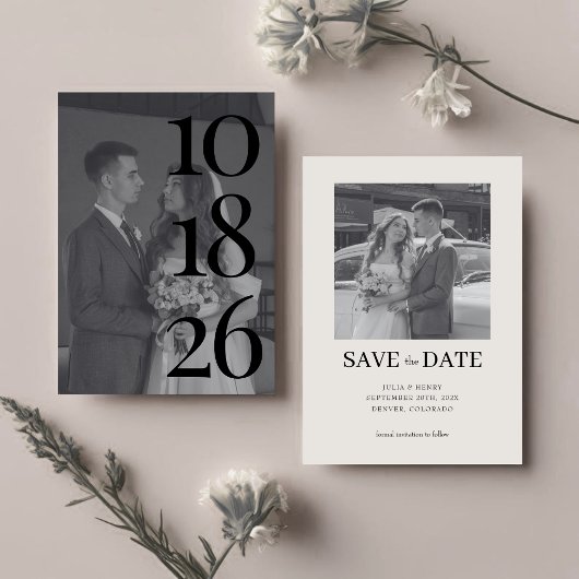 Elegante Schwarz-Weiß-Hochzeit Zwei-Foto-QR-Code  Save The Date