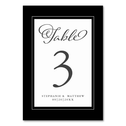 Elegante Schwarz-Weiß-Hochzeitsempfehlung Tischnummer (Rückseite)
