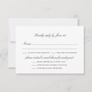 Elegante Schwarz-Weiß-Hochzeitsmenü-Optionen RSVP Karte