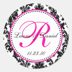 Elegante Schwarz Weiß Hot Pink Damast-Hochzeit Runder Aufkleber