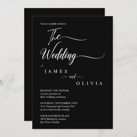 Elegante Schwarz-Weiß-Kalligrafie-Hochzeit Einladung (Vorne/Hinten)