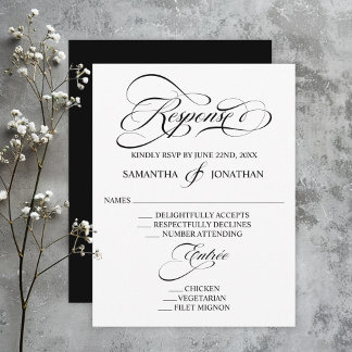 Elegante Schwarz-Weiß-Kalligrafie-Hochzeit RSVP Karte