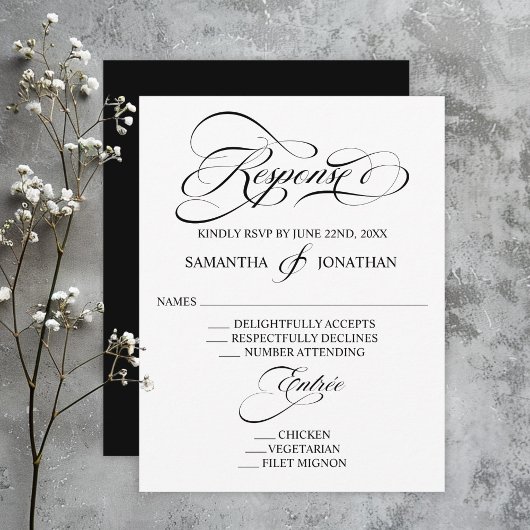 Elegante Schwarz-Weiß-Kalligrafie-Hochzeit RSVP Karte