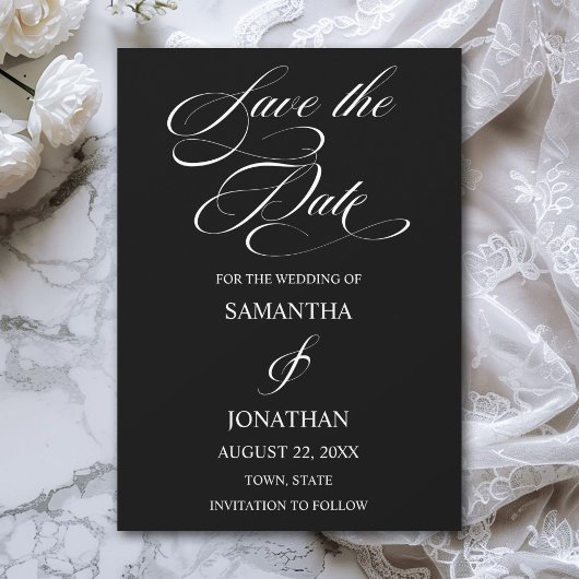 Elegante Schwarz-Weiß-Kalligrafie-Hochzeit Save The Date