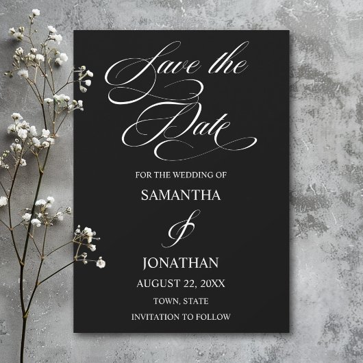 Elegante Schwarz-Weiß-Kalligrafie-Hochzeit Save The Date