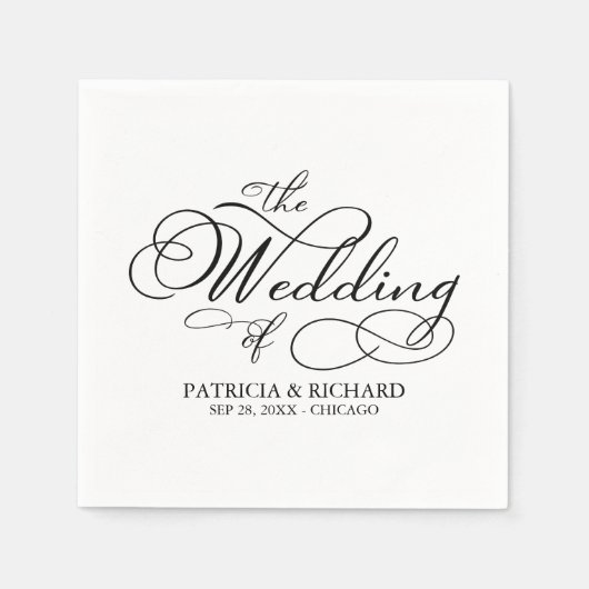 Elegante Schwarz-Weiß-Kalligraphie-Hochzeit Serviette (Vorderseite)