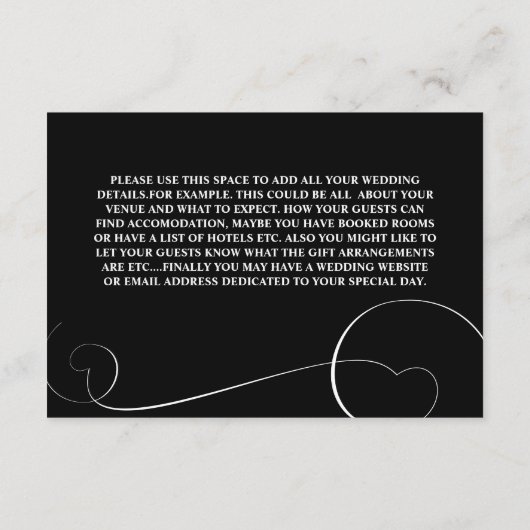 Elegante Schwarz-Weiß-Kalligraphie-Hochzeitdetails Begleitkarte (Rückseite)