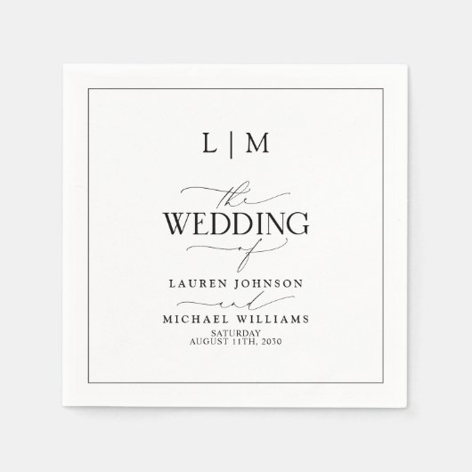 Elegante Schwarz-Weiß-Kalligraphie-Monogramm-Hochz Serviette (Vorderseite)