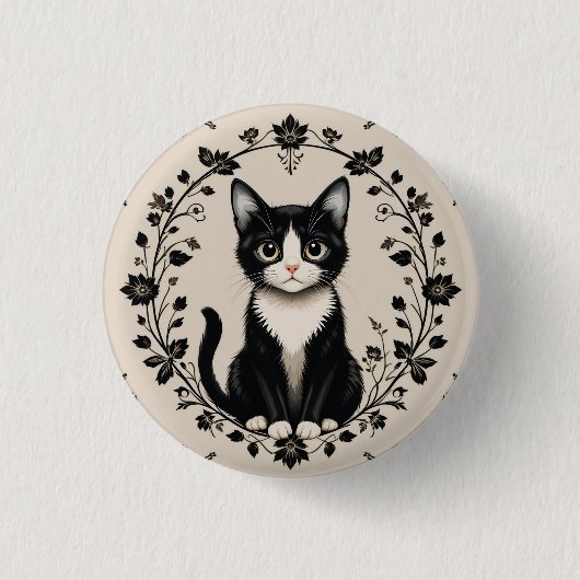 Elegante Schwarz-Weiß-Katze Button (Vorderseite)