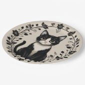Elegante Schwarz-Weiß-Katze Pappteller (Schrägansicht)
