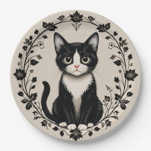 Elegante Schwarz-Weiß-Katze Pappteller (Vorderseite)