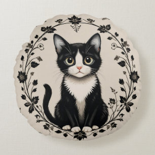 Elegante Schwarz-Weiß-Katze Rundes Kissen