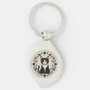 Elegante Schwarz-Weiß-Katze Schlüsselanhänger