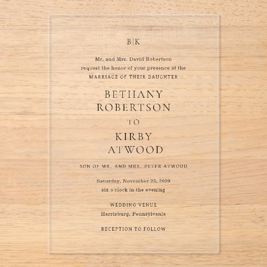 Elegante Schwarz-Weiß-Klassik-Hochzeit Acryleinladungen (Vorderseite)