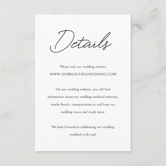 Elegante Schwarz-Weiß-Klassik-Hochzeit Begleitkarte (Vorderseite)