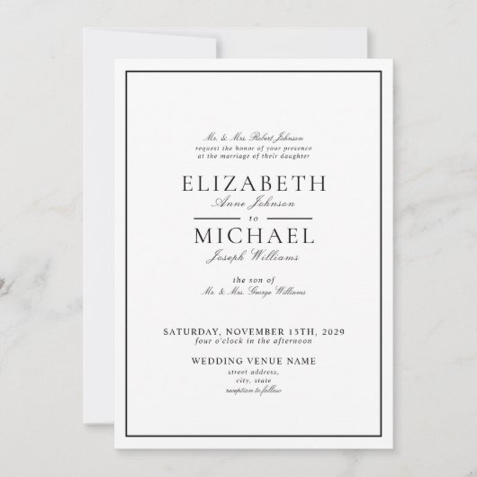 Elegante Schwarz & Weiß Klassische Details Hochzei Einladung (Vorderseite)