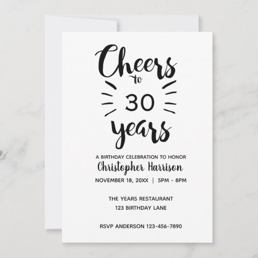 Elegante Schwarz-Weiß-Lärm bis 30 Jahre Einladung (Vorderseite)