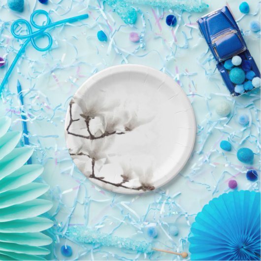 Elegante Schwarz-Weiß-Magnolia Wasserfarbe Pappteller (Party)