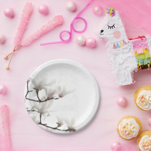 Elegante Schwarz-Weiß-Magnolia Wasserfarbe Pappteller (Party)