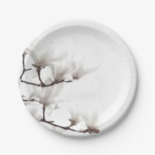 Elegante Schwarz-Weiß-Magnolia Wasserfarbe Pappteller (Vorderseite)