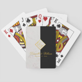 Elegante Schwarz-weiß-Marmormongram-GoldWedding Spielkarten