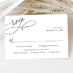 Elegante Schwarz-Weiß-Menüs Hochzeit RSVP Karte<br><div class="desc">Diese RSVP-Karte mit individualisierbaren Meal Options RSVP-Optionen wurde speziell für die Koordination mit unserer Romantik Script-Hochzeitskollektion entworfen. Sie enthält einen umfangreichen Kalligraphieskripttext,  der mit einem klassischen Serif & modernen Sans-Schriftart in Schwarz gepaart ist. Matching-Elemente verfügbar.</div>