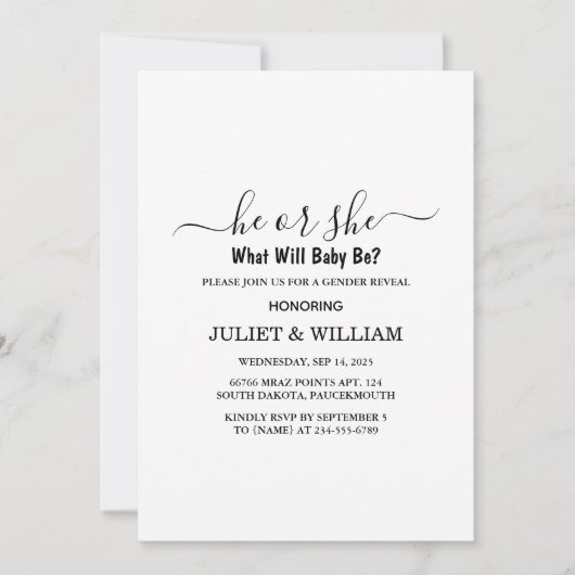 Elegante Schwarz-Weiß-Minimalistische Geschlechter Einladung (Vorderseite)