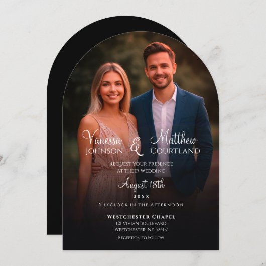 Elegante Schwarz-Weiß-Moderne Foto Hochzeit Einladung (Vorne/Hinten)