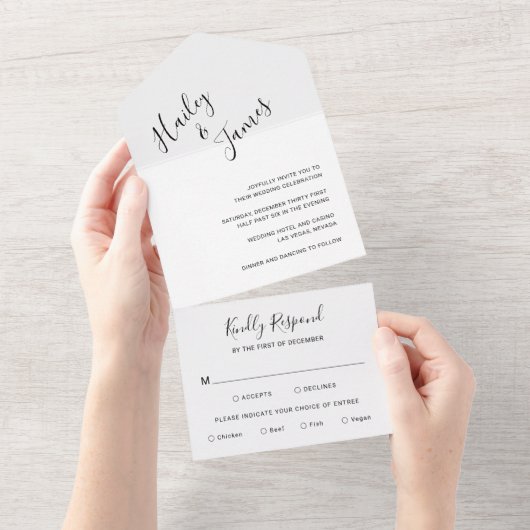 Elegante Schwarz-Weiß-Moderne Hochzeit All In One Einladung (Abreißen)