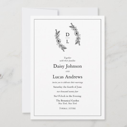 Elegante Schwarz-Weiß-Monogram-Einladung zur Hochz Einladung (Vorderseite)