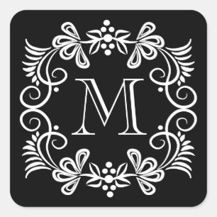 Elegante Schwarz-Weiß-Monogramm-Aufkleber Quadratischer Aufkleber