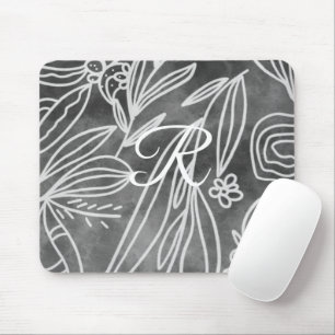 Elegante Schwarz-Weiß-Monogramm-Blätter-Zeichnung Mousepad