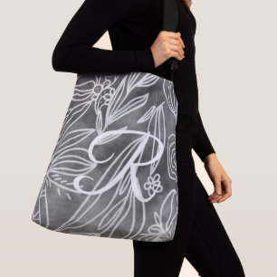 Elegante Schwarz-Weiß-Monogramm-Blätter-Zeichnung Tragetaschen Mit Langen Trägern