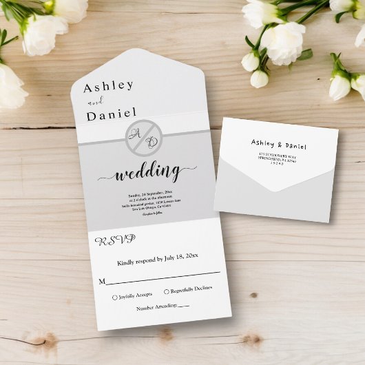 Elegante Schwarz-Weiß-Monogramm Grau-Chic Hochzeit All In One Einladung