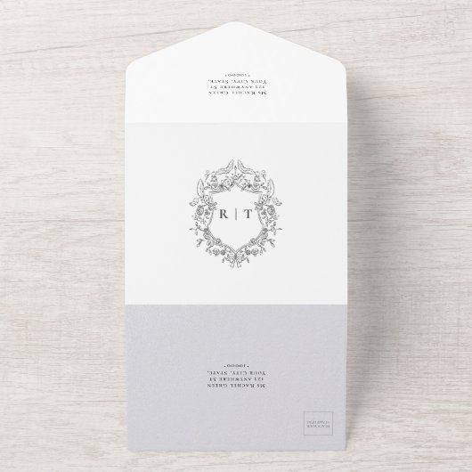 Elegante Schwarz-Weiß-Monogramm-Hochzeit All In One Einladung (Außenbereich)