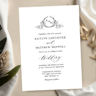 Elegante Schwarz-Weiß-Monogramm-Hochzeit Einladung