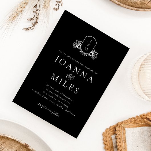 Elegante Schwarz-Weiß-Monogramm-Hochzeit Einladung