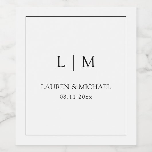 Elegante Schwarz-Weiß-Monogramm-Hochzeit Weinetikett (Einzelnes Label)