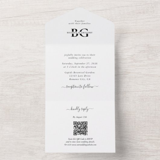 Elegante Schwarz-Weiß-Monogramm-Initialen Hochzeit All In One Einladung (Innen)