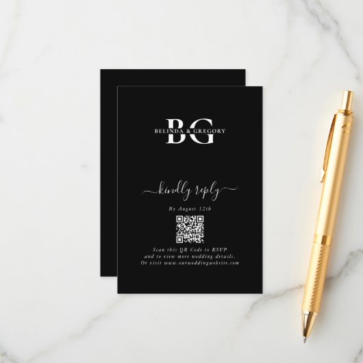 Elegante Schwarz-Weiß-Monogramm-Initialen Hochzeit Begleitkarte (Vorderseite/Rückseite Beispiel)