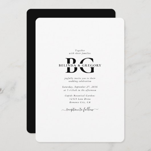 Elegante Schwarz-Weiß-Monogramm-Initialen Hochzeit Einladung (Vorne/Hinten)