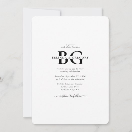 Elegante Schwarz-Weiß-Monogramm-Initialen Hochzeit Einladung (Vorderseite)